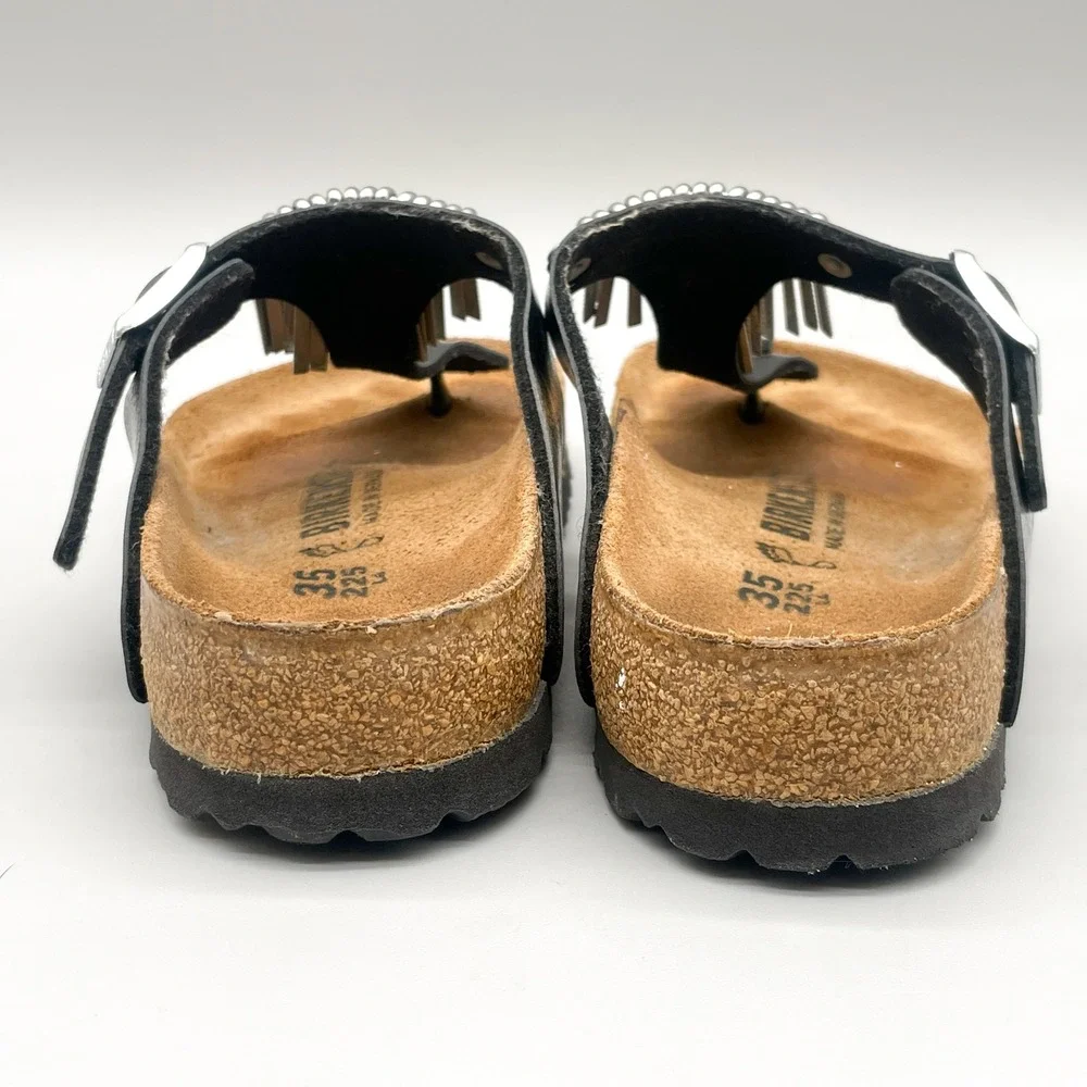 Birkenstock Womens 35 4 Gizeh Fringe Sandals Black Leather Silver Hardware Boho